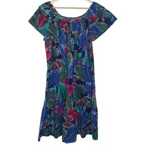 Hilo Hattie Vintage Hawaiian Muumuu Dress XL Blue Pink Floral Cotton Made in USA